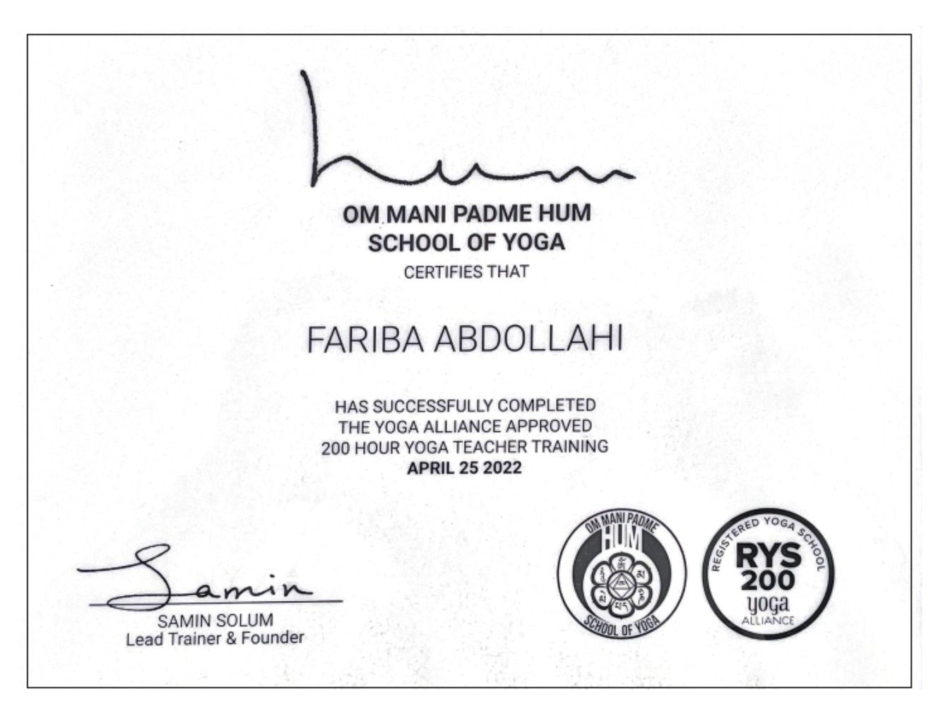 Yoga Alliance RYS 200 Zertifikat